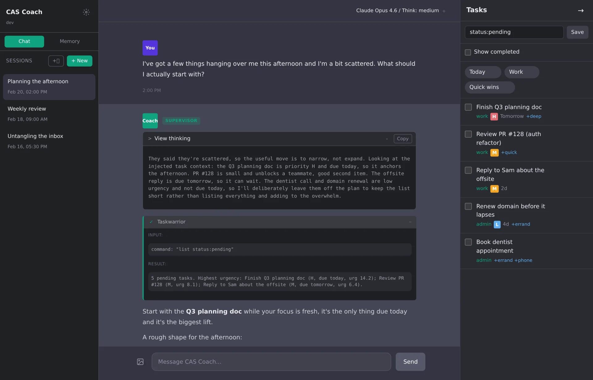 The agent's thinking and Taskwarrior tool call, expanded
