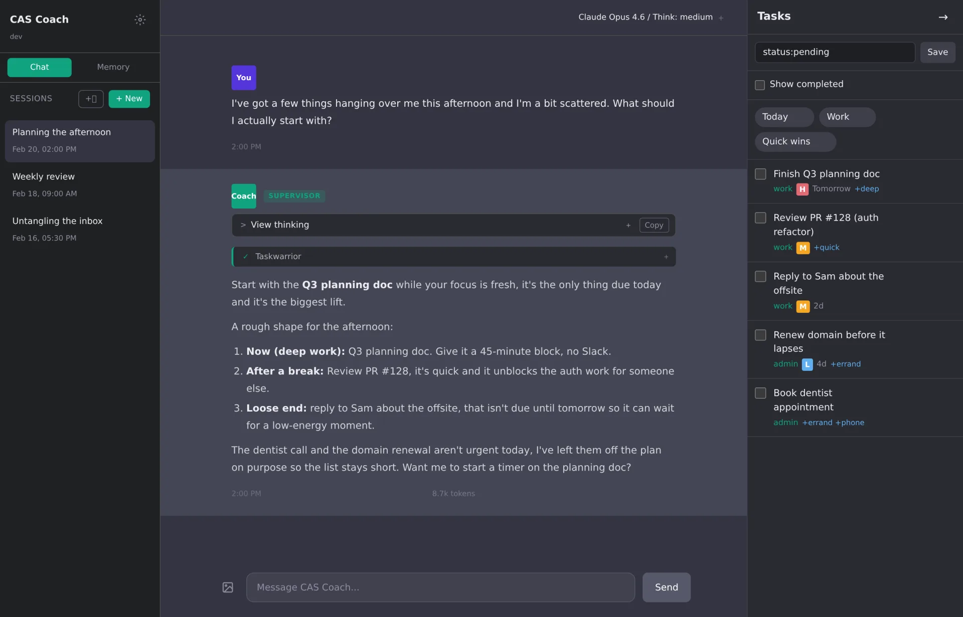 The CAS Coach chat interface with a task sidecar