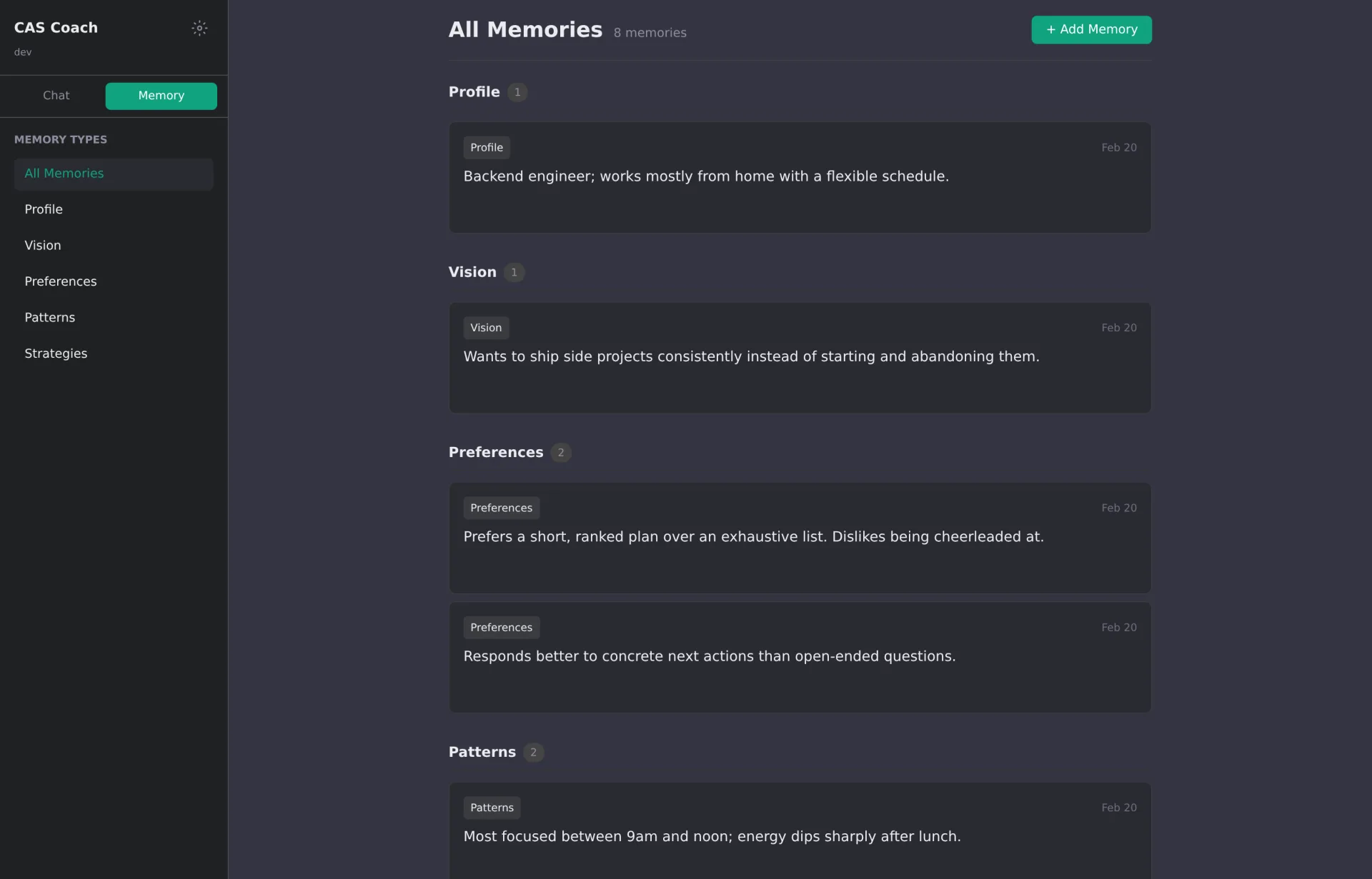 The memory dashboard, grouped by type