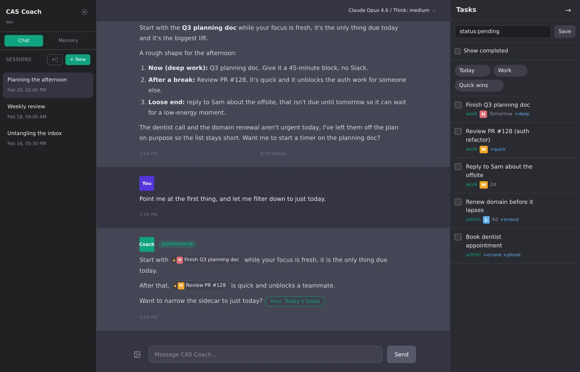 An assistant reply with two resolved task-ref chips and a suggested task-filter button